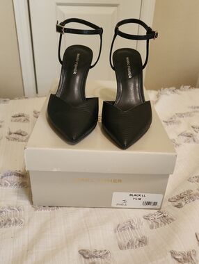 Marc Fisher Harbour Pump, Black Textured Pointed-Toe Ankle-Strap Heels